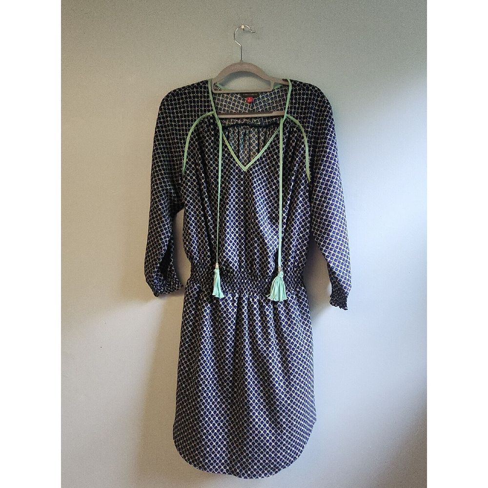 Vince‎ Camuto Blue Green Blouson Dress Cinch Waist Geometric Print Size 6